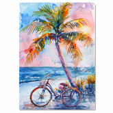 Tropical Palm Tree and Vintage Bicycle Watercolor Painting by the Ocean at Sunset on Ready to Hang 1.5" Thick Canvas Wrap, Floating Framed Canvas, Flat Rolled Canvas